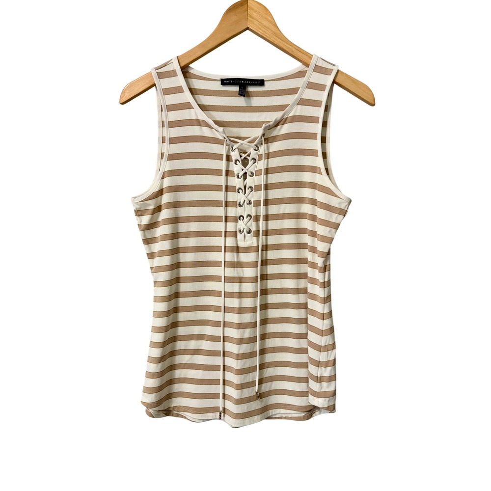 White House Black‎ Market Tan White Striped Lace Up Tank Top Gold Metallic Small
